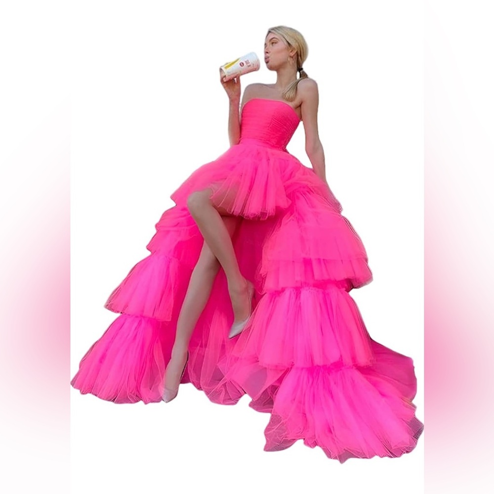 Strapless Hot Pink Layered Tulle High-Low Ball Gown